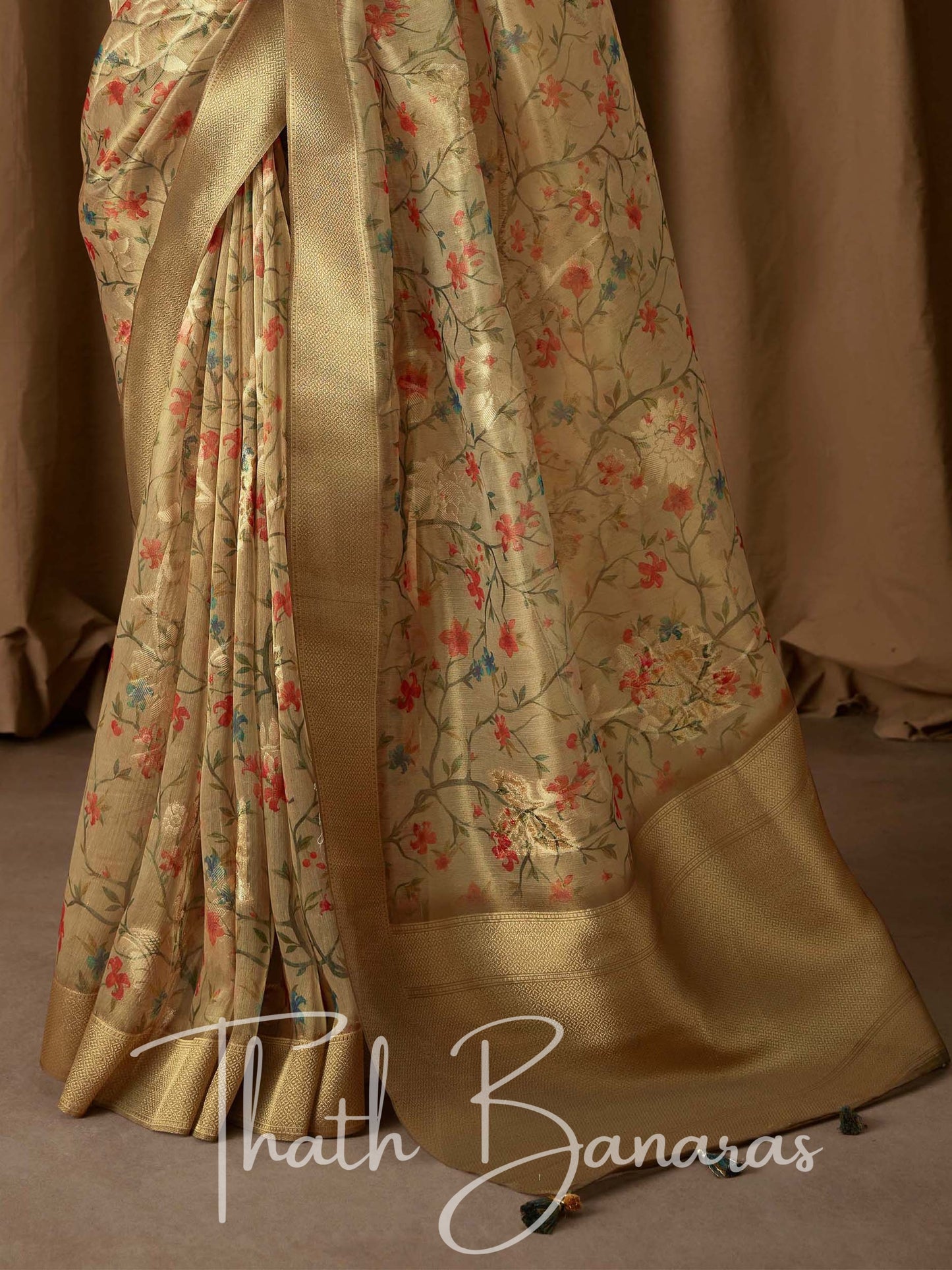 Antique Gold Banarasi Jacquard Tissue Silk Saree with Zari Work