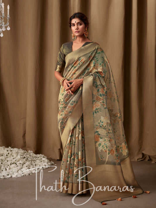 Crean White Floral Banarasi Jacquard Tissue Silk Saree with Zari Work