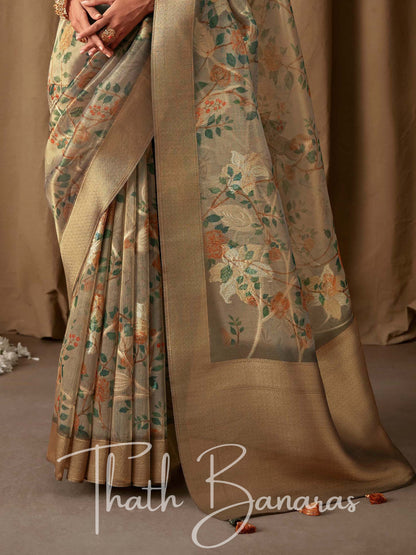 Crean White Floral Banarasi Jacquard Tissue Silk Saree with Zari Work