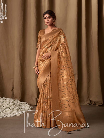 Latte Brown Banarasi Jacquard Tissue Silk Saree with Zari Work