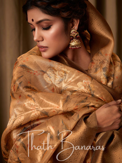 Latte Brown Banarasi Jacquard Tissue Silk Saree with Zari Work