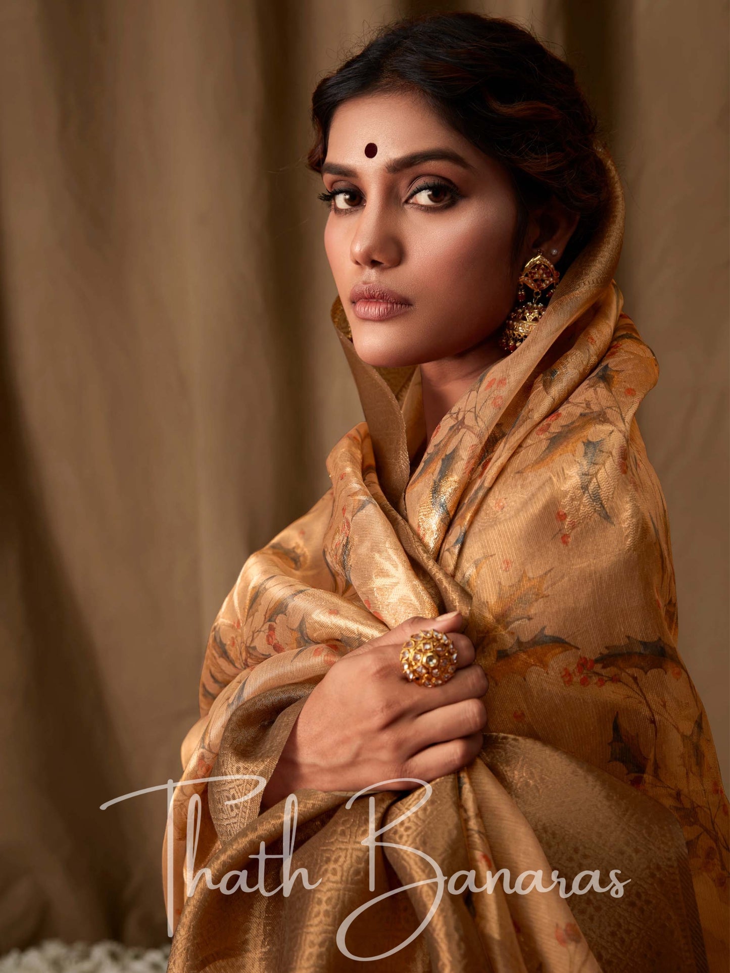 Latte Brown Banarasi Jacquard Tissue Silk Saree with Zari Work