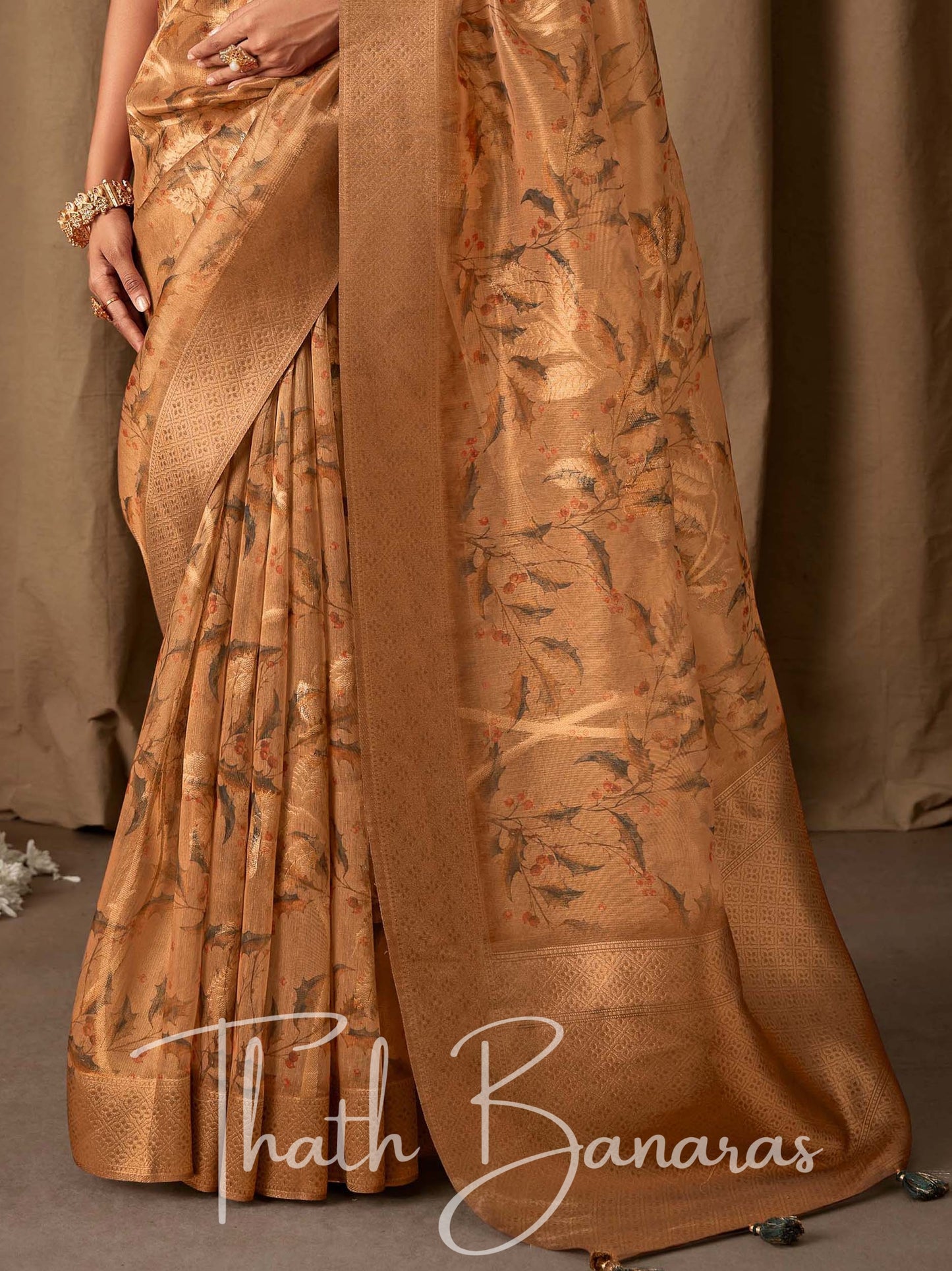 Latte Brown Banarasi Jacquard Tissue Silk Saree with Zari Work