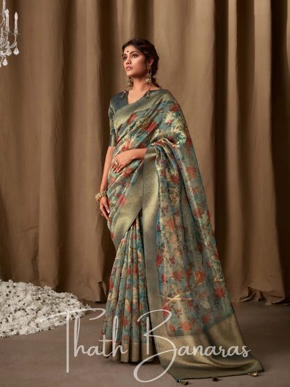 Smoke Grey Banarasi Jacquard Tissue Silk Saree with Zari Work