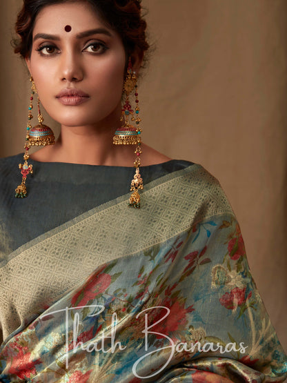 Smoke Grey Banarasi Jacquard Tissue Silk Saree with Zari Work