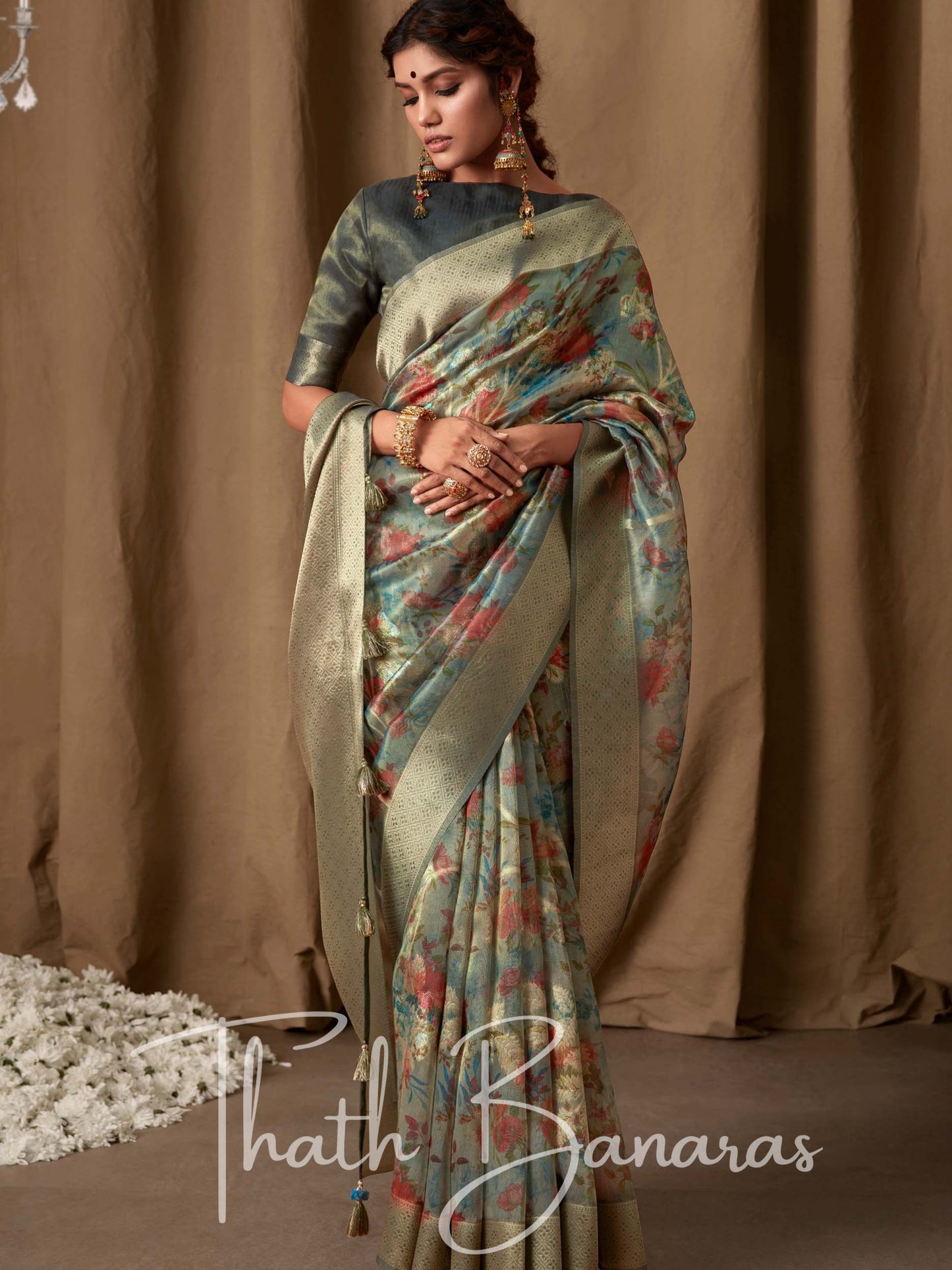 Smoke Grey Banarasi Jacquard Tissue Silk Saree with Zari Work