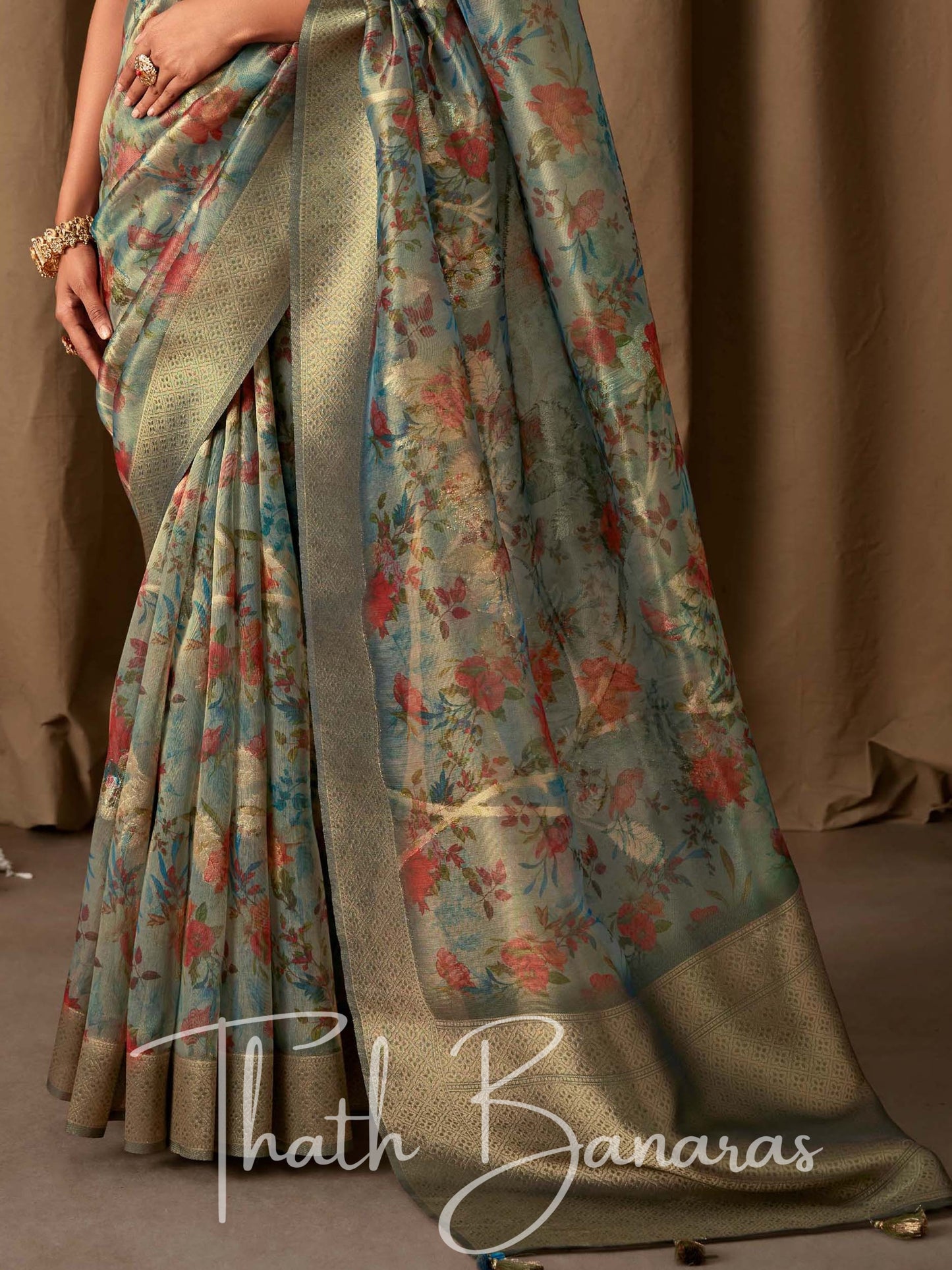 Smoke Grey Banarasi Jacquard Tissue Silk Saree with Zari Work