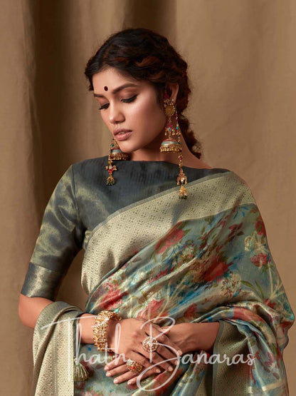 Smoke Grey Banarasi Jacquard Tissue Silk Saree with Zari Work