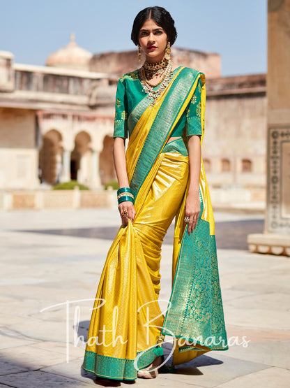 Mustard yellow Paithani saree with designer blouse