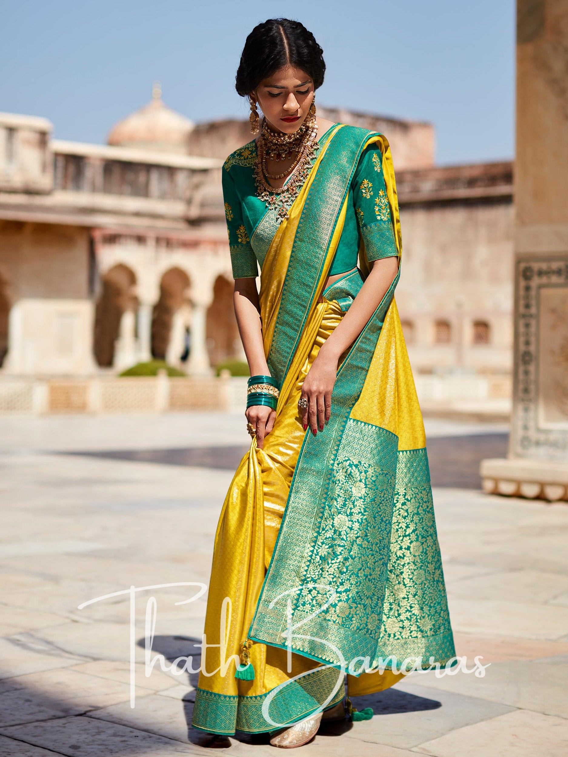 Divine Dark Green Sunshine Silk Saree with Yellow Blouse