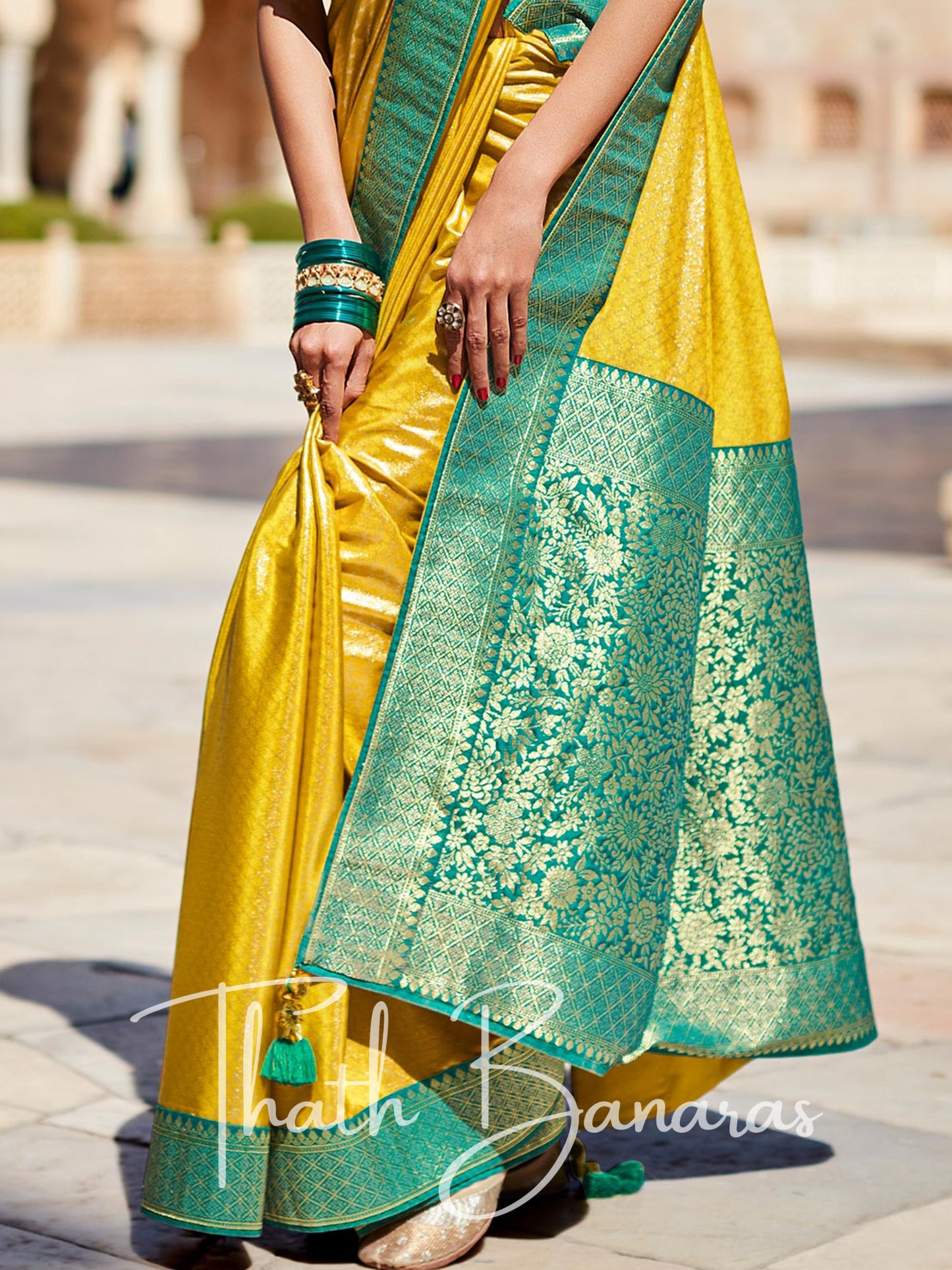 Mustard yellow Paithani saree with designer blouse