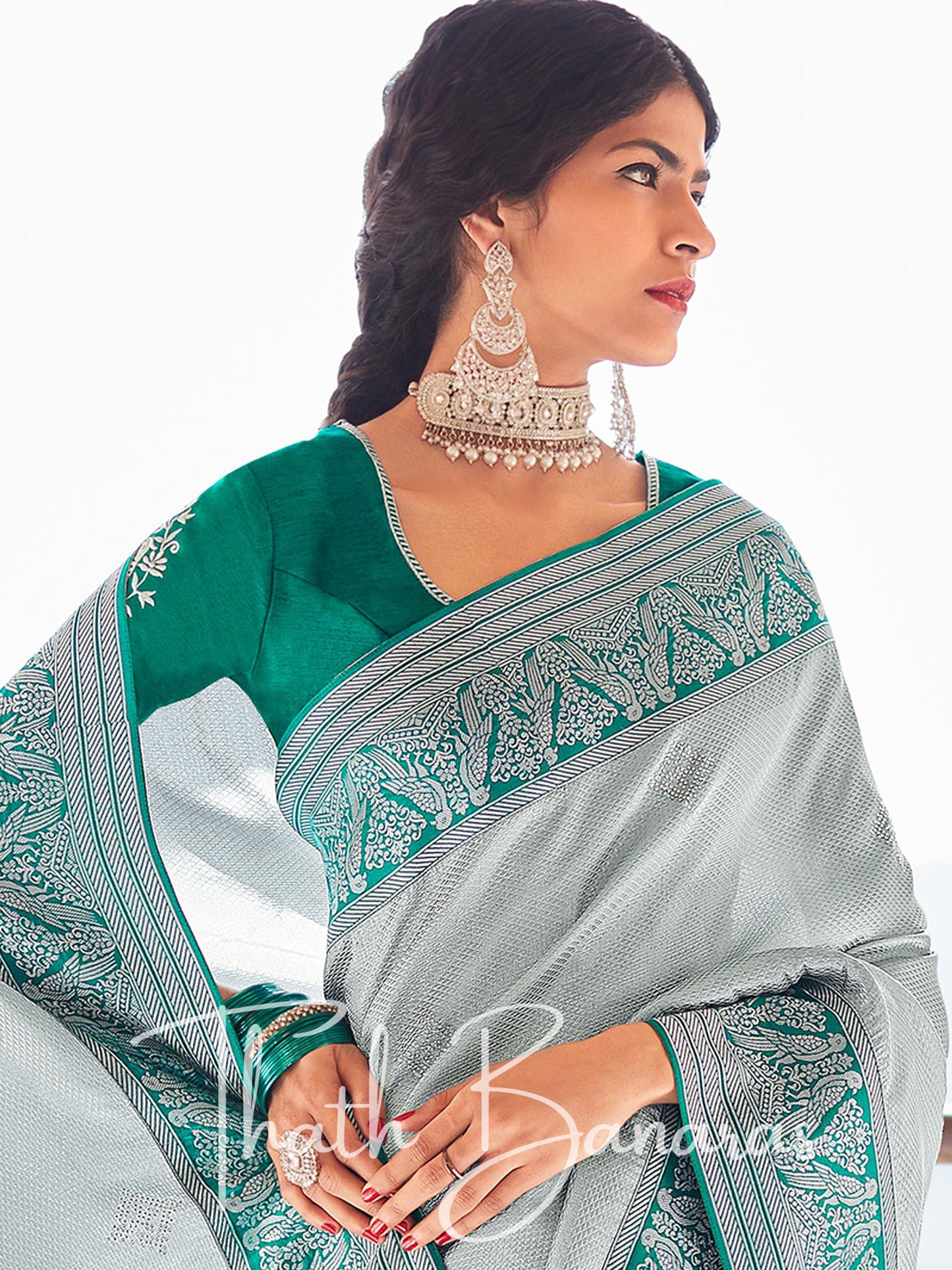 Sea green Paithani saree with designer blouse