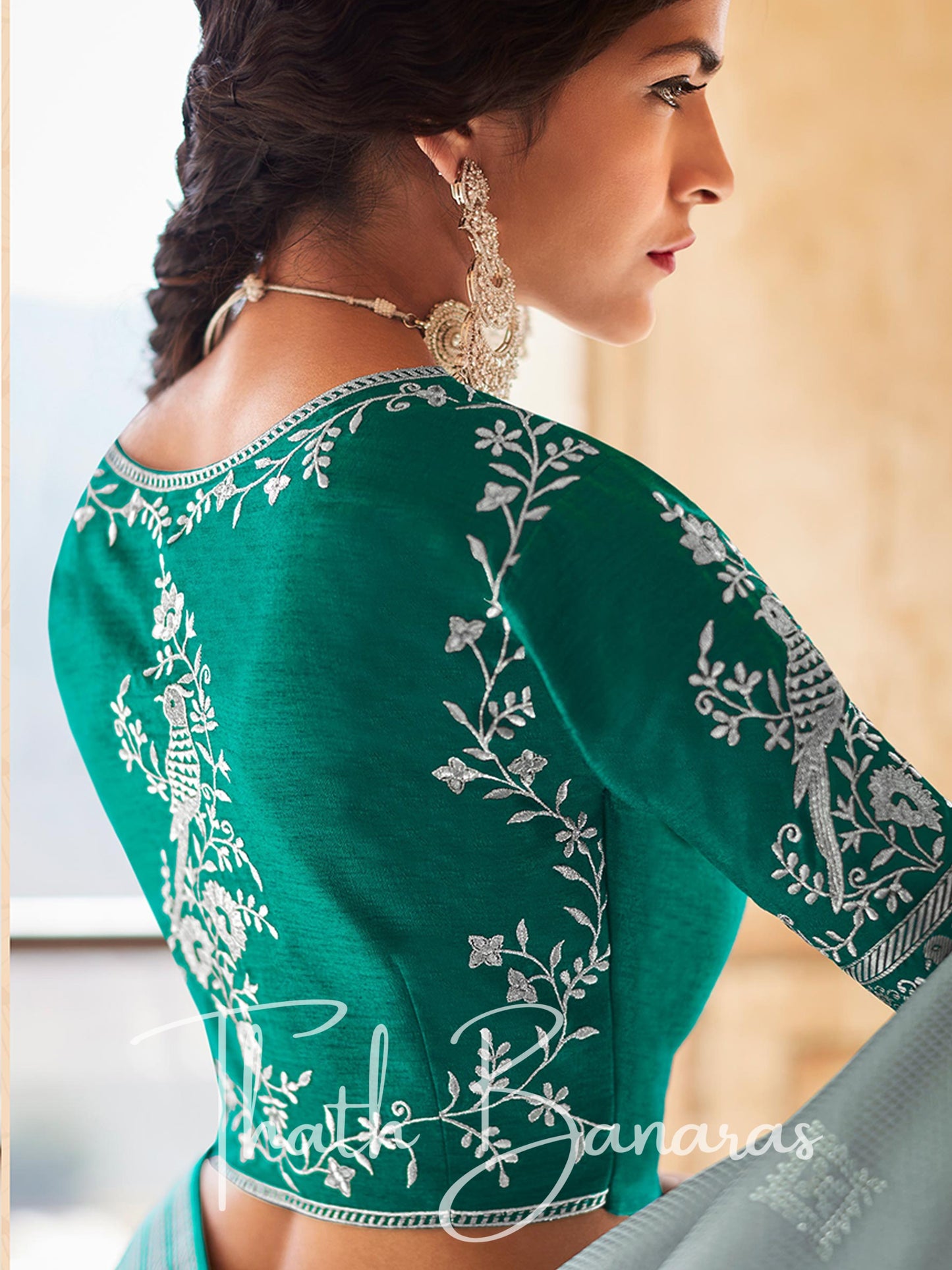 Sea green Paithani saree with designer blouse