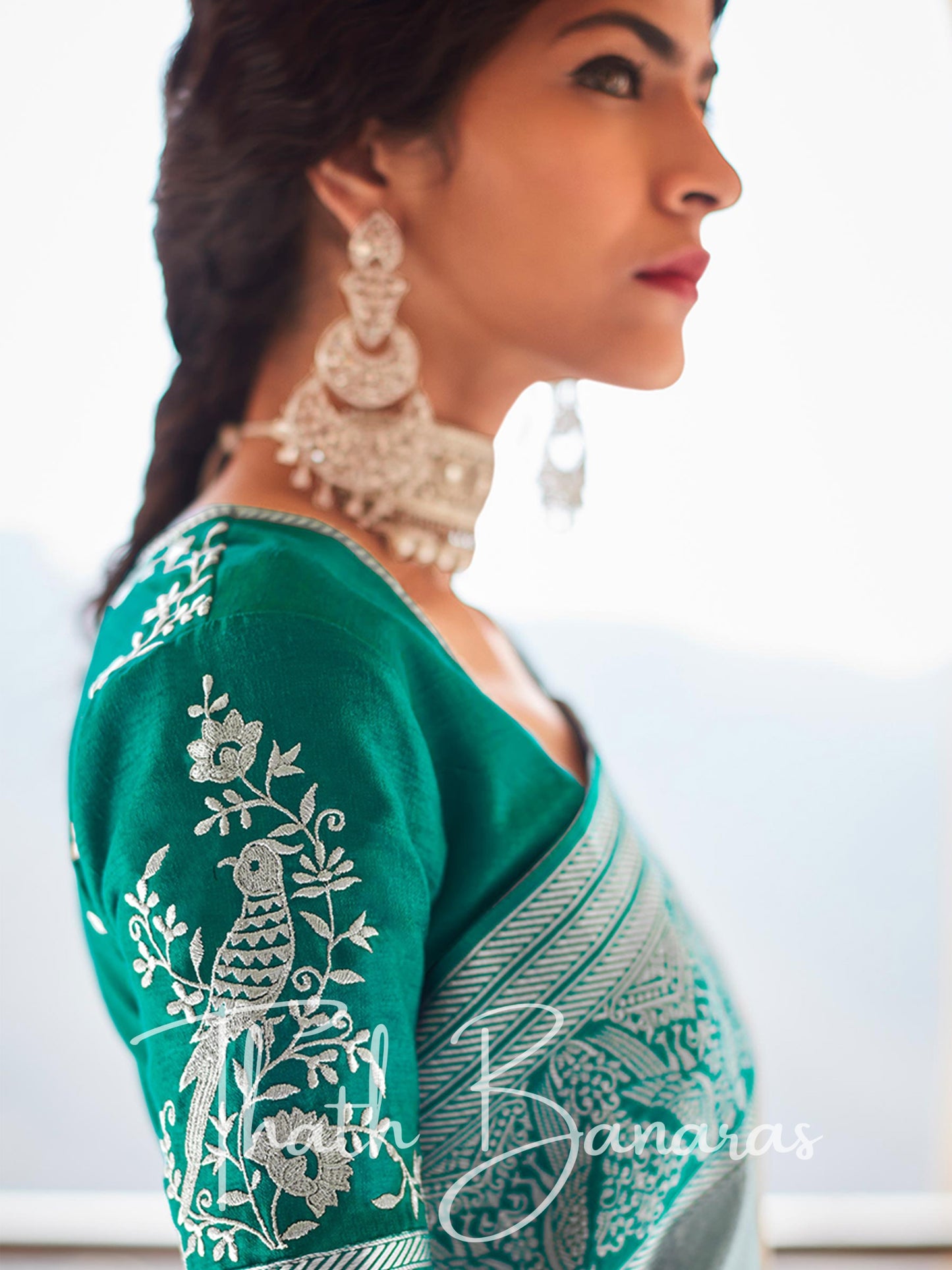 Sea green Paithani saree with designer blouse