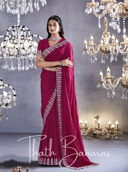 Dark Pink Pure Satin Viscose with Heavy Zarkan Work