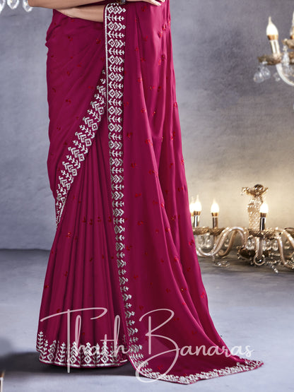 Dark Pink Pure Satin Viscose with Heavy Zarkan Work