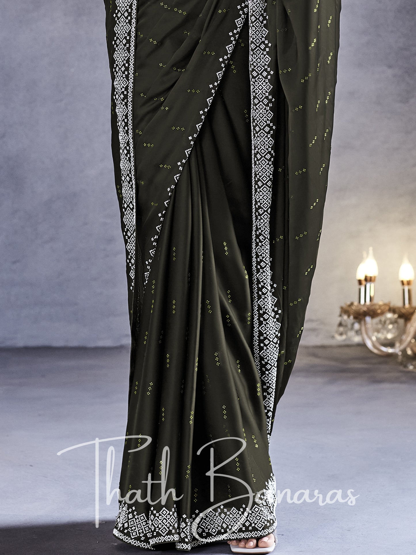 Coal Black Pure Satin Viscose with Heavy Zarkan Work