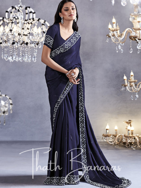 Navy Blue Pure Satin Viscose with Heavy Zarkan Work