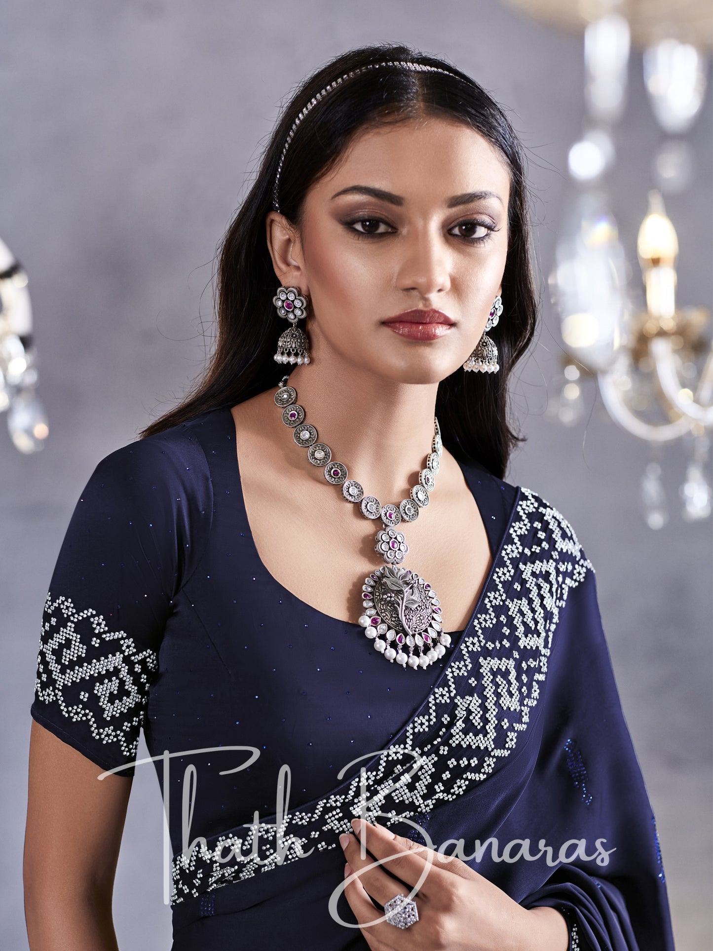 Navy Blue Pure Satin Viscose with Heavy Zarkan Work