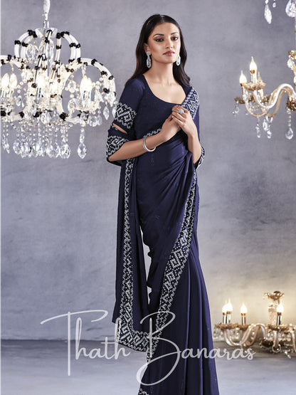 Navy Blue Pure Satin Viscose with Heavy Zarkan Work