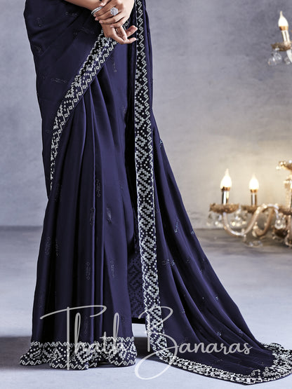 Navy Blue Pure Satin Viscose with Heavy Zarkan Work