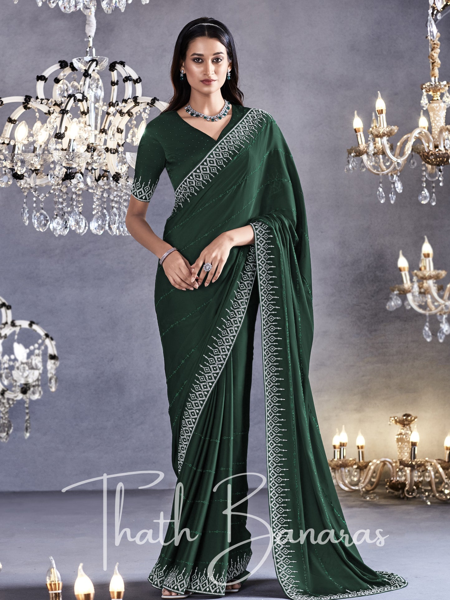 Dark Green Pure Satin Viscose with Heavy Zarkan Work