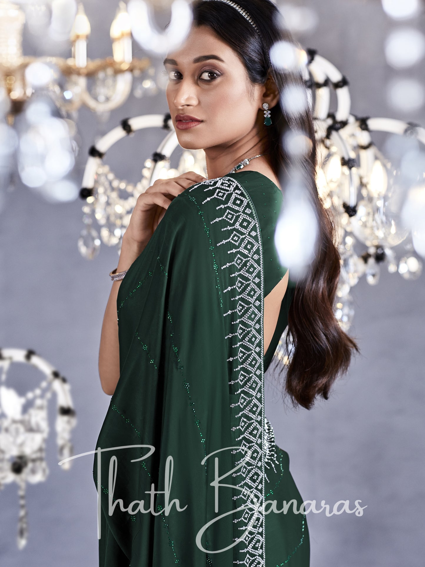 Dark Green Pure Satin Viscose with Heavy Zarkan Work