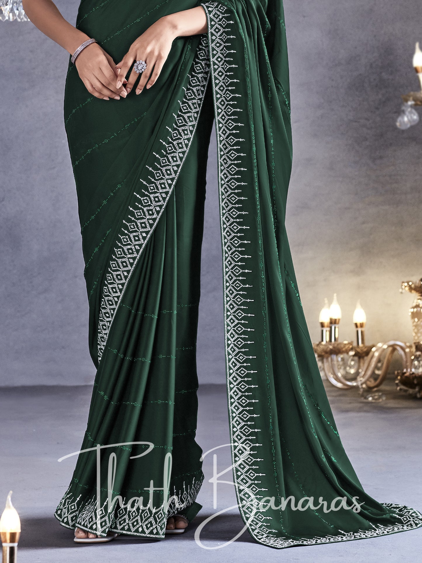 Dark Green Pure Satin Viscose with Heavy Zarkan Work