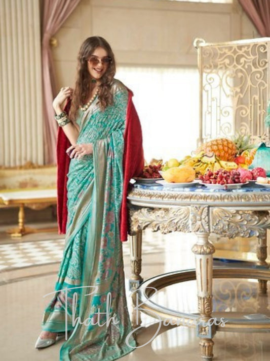 Elegant Teal & Gold Woven Georgette Saree