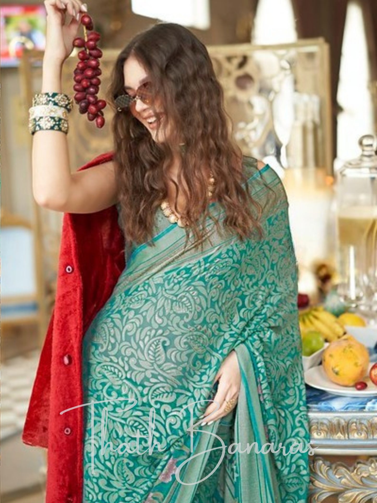 Elegant Teal & Gold Woven Georgette Saree