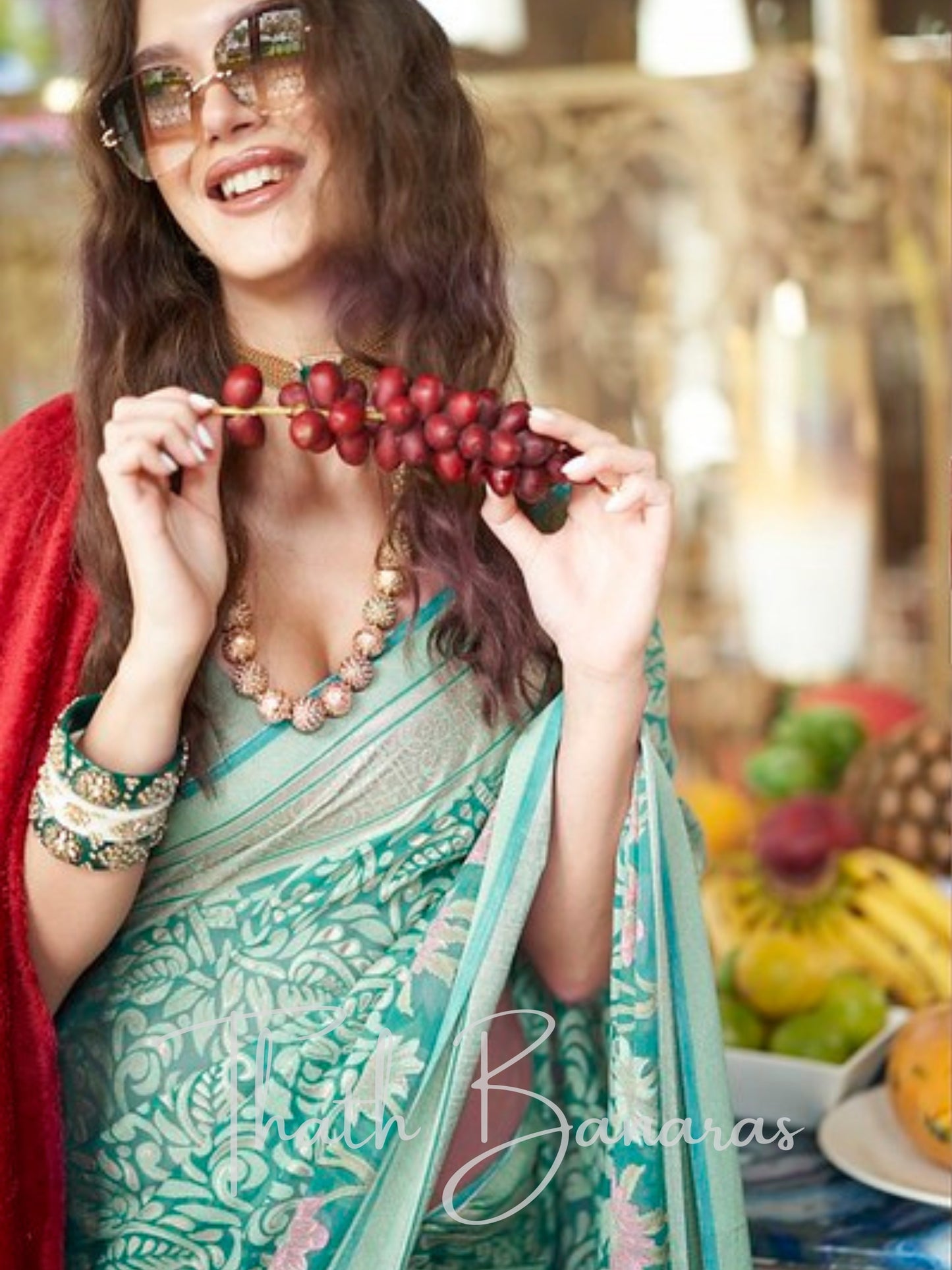 Elegant Teal & Gold Woven Georgette Saree