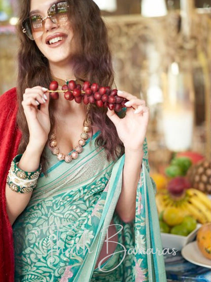 Elegant Teal & Gold Woven Georgette Saree
