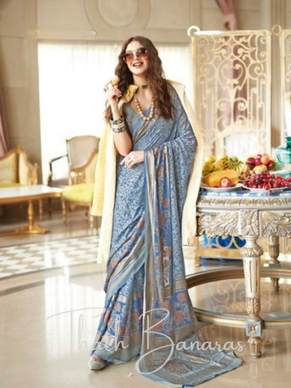 Azure Blue Dream Georgette Saree with Zari & Floral Elegance