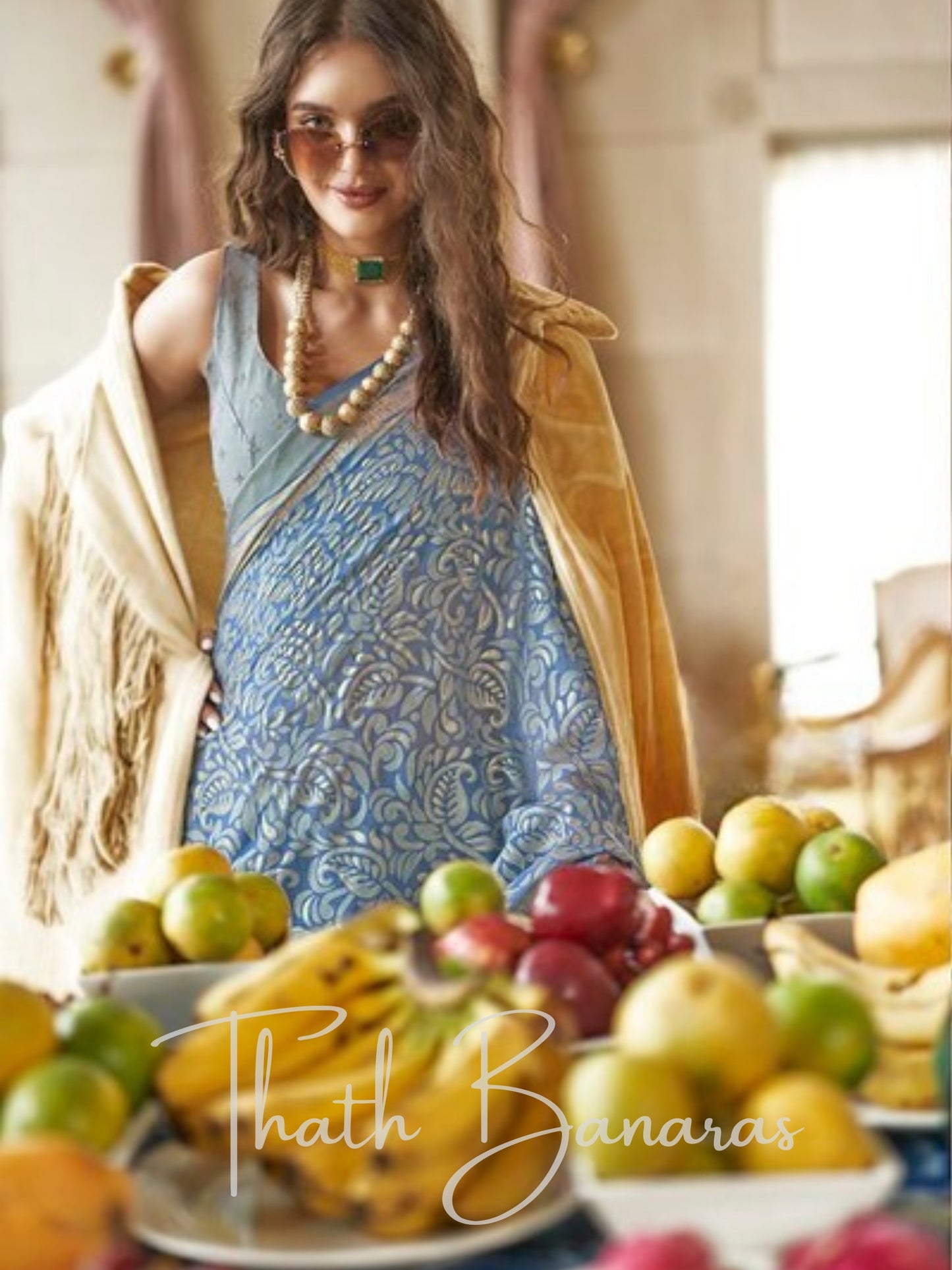 Azure Blue Dream Georgette Saree with Zari & Floral Elegance