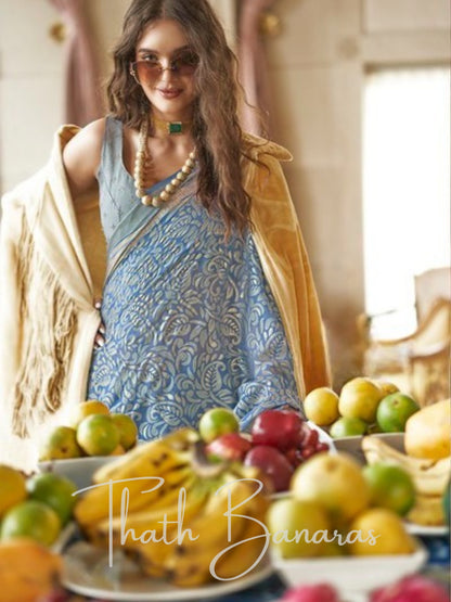 Azure Blue Dream Georgette Saree with Zari & Floral Elegance