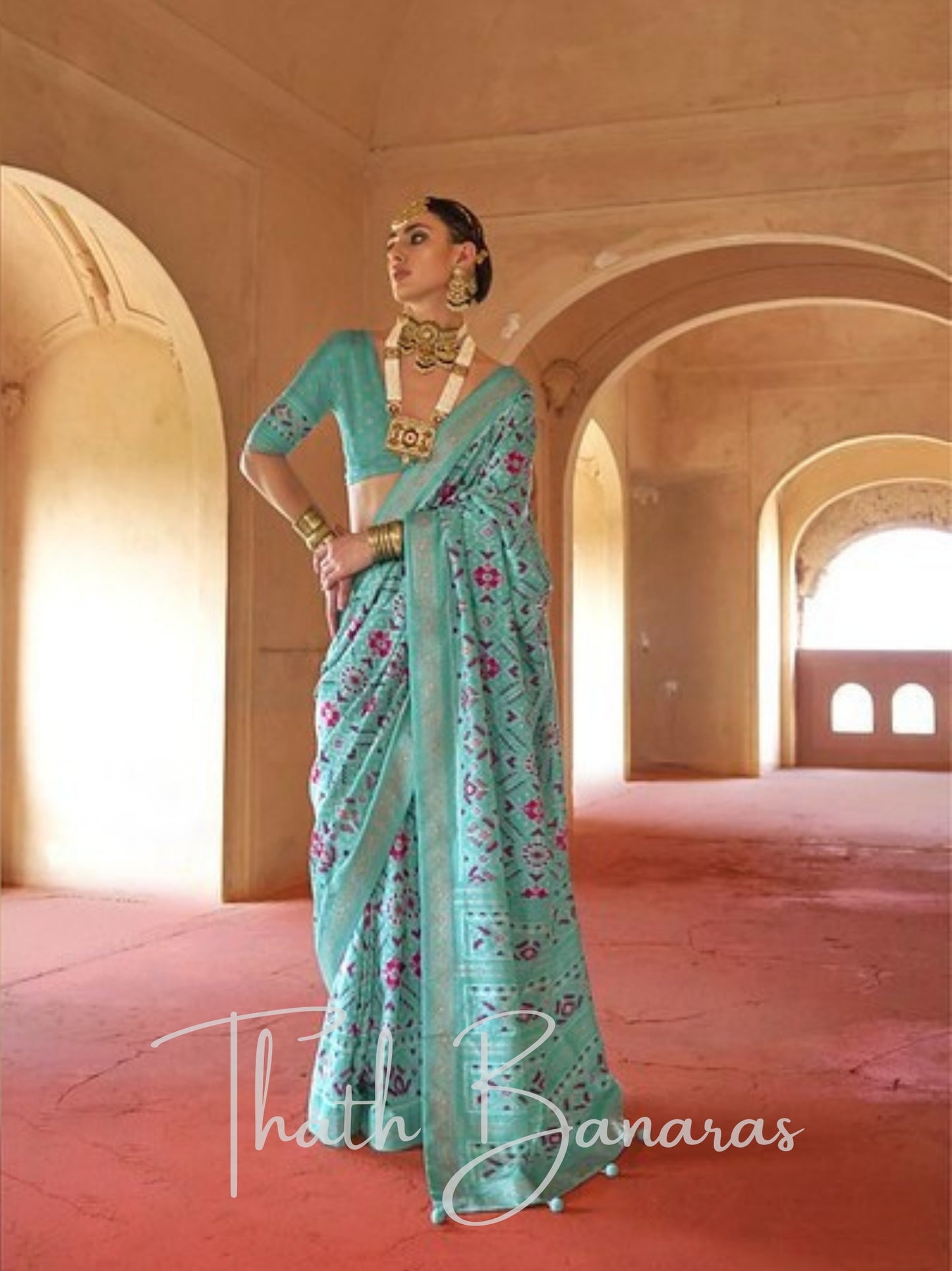 Sky Blue Patola Silk Saree with Ikat Weave
