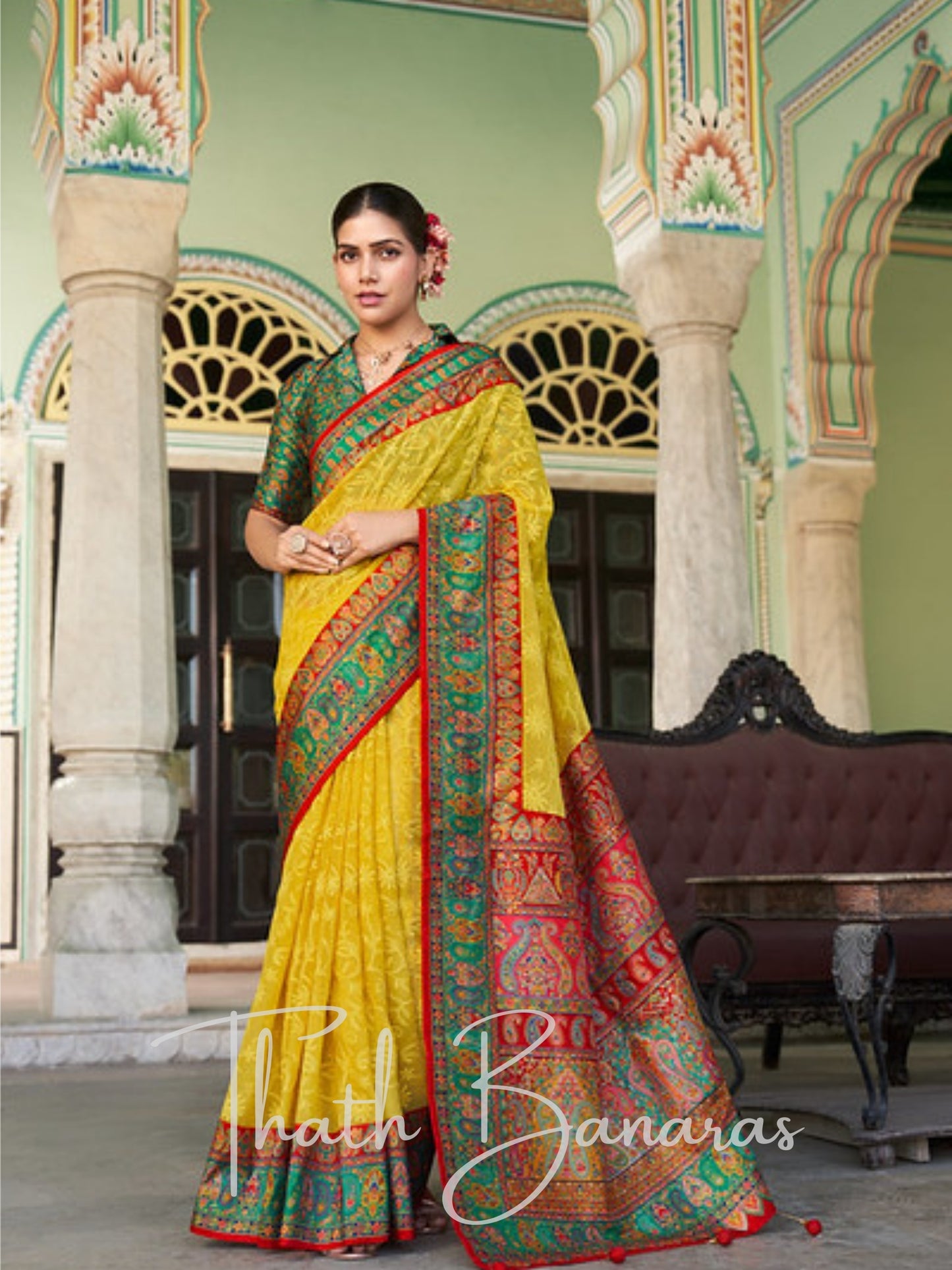Yellow Georgette Lucknawi Saree with Exquisite Pashmina Foil Print