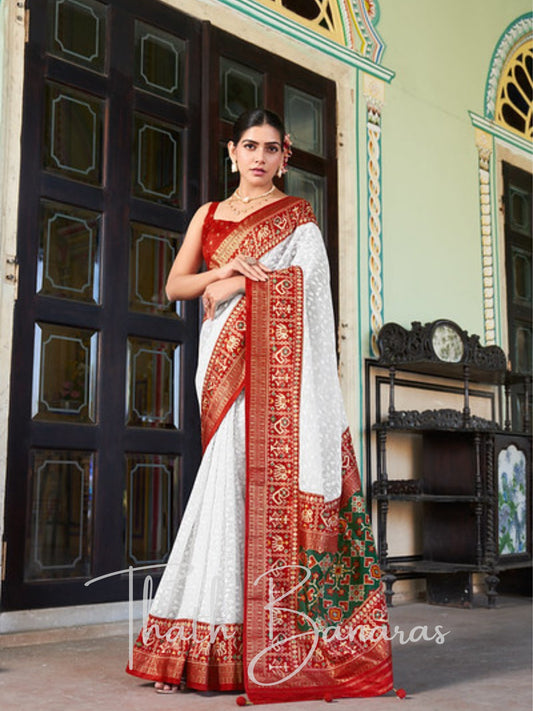 White Lucknowi Georgette Saree with Exquisite Patola Weave