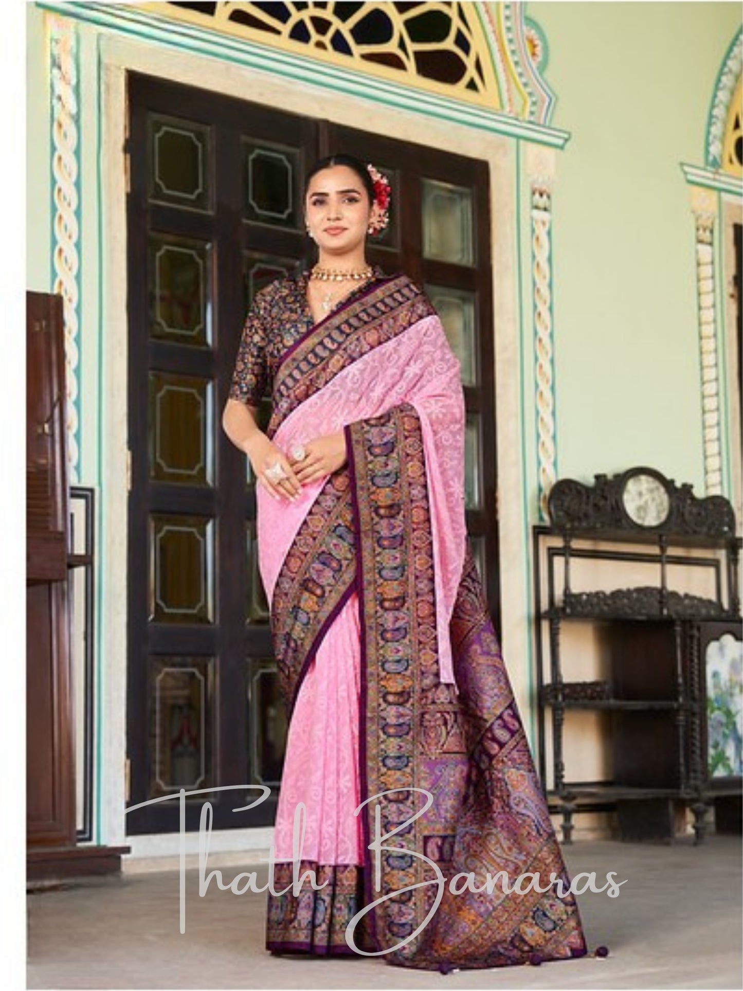 Elegant Pastel Pink Georgette Saree with Rich Brocade Weave