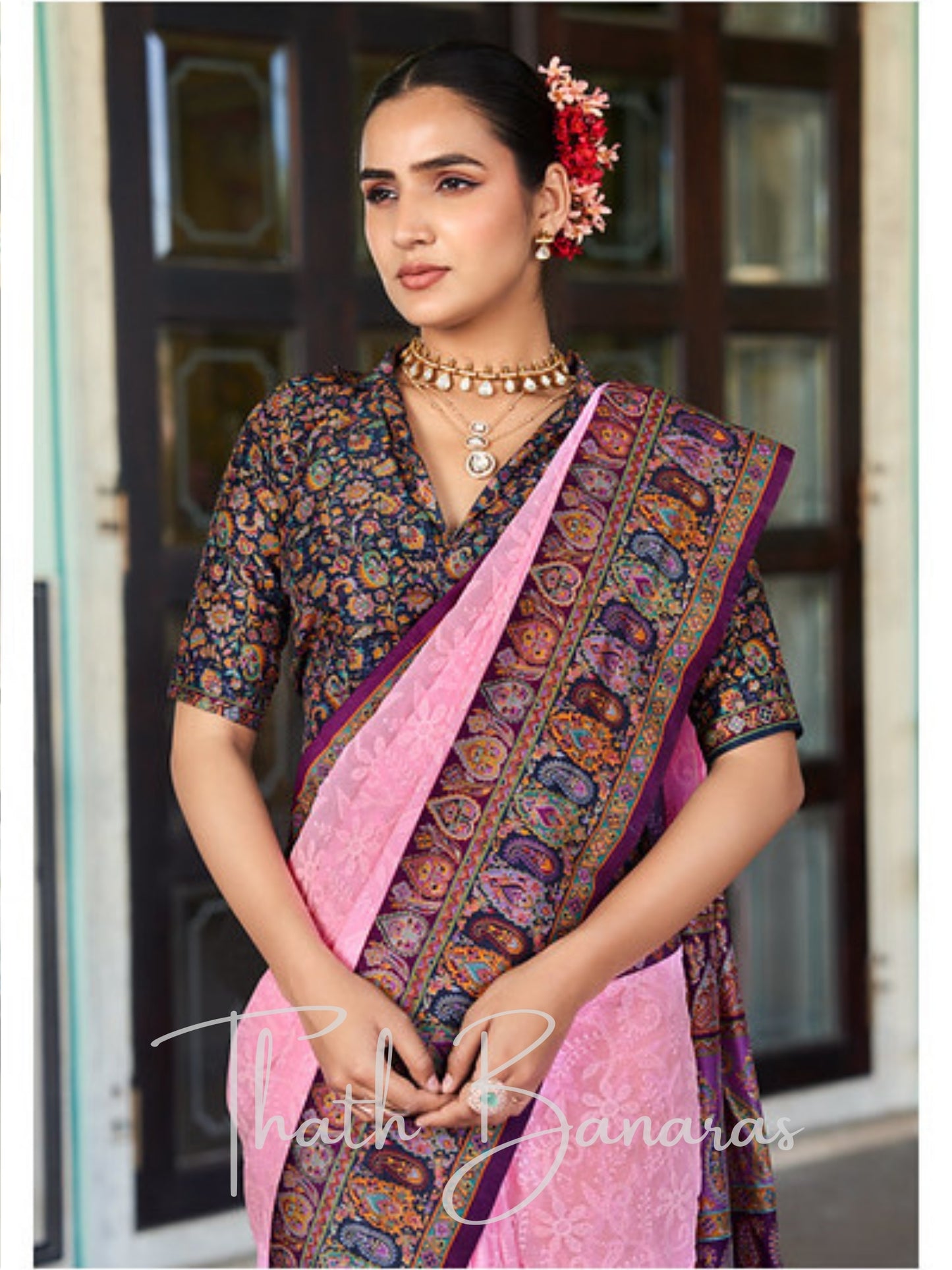 Elegant Pastel Pink Georgette Saree with Rich Brocade Weave