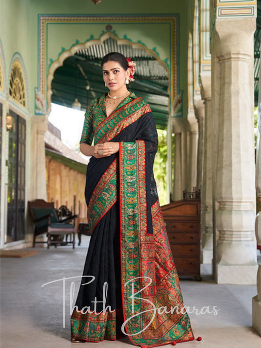 Black Lucknowi Georgette Saree with Pashmina Foil Print