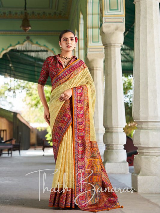 Yellow Lucknowi Banarasi Saree with patterned border