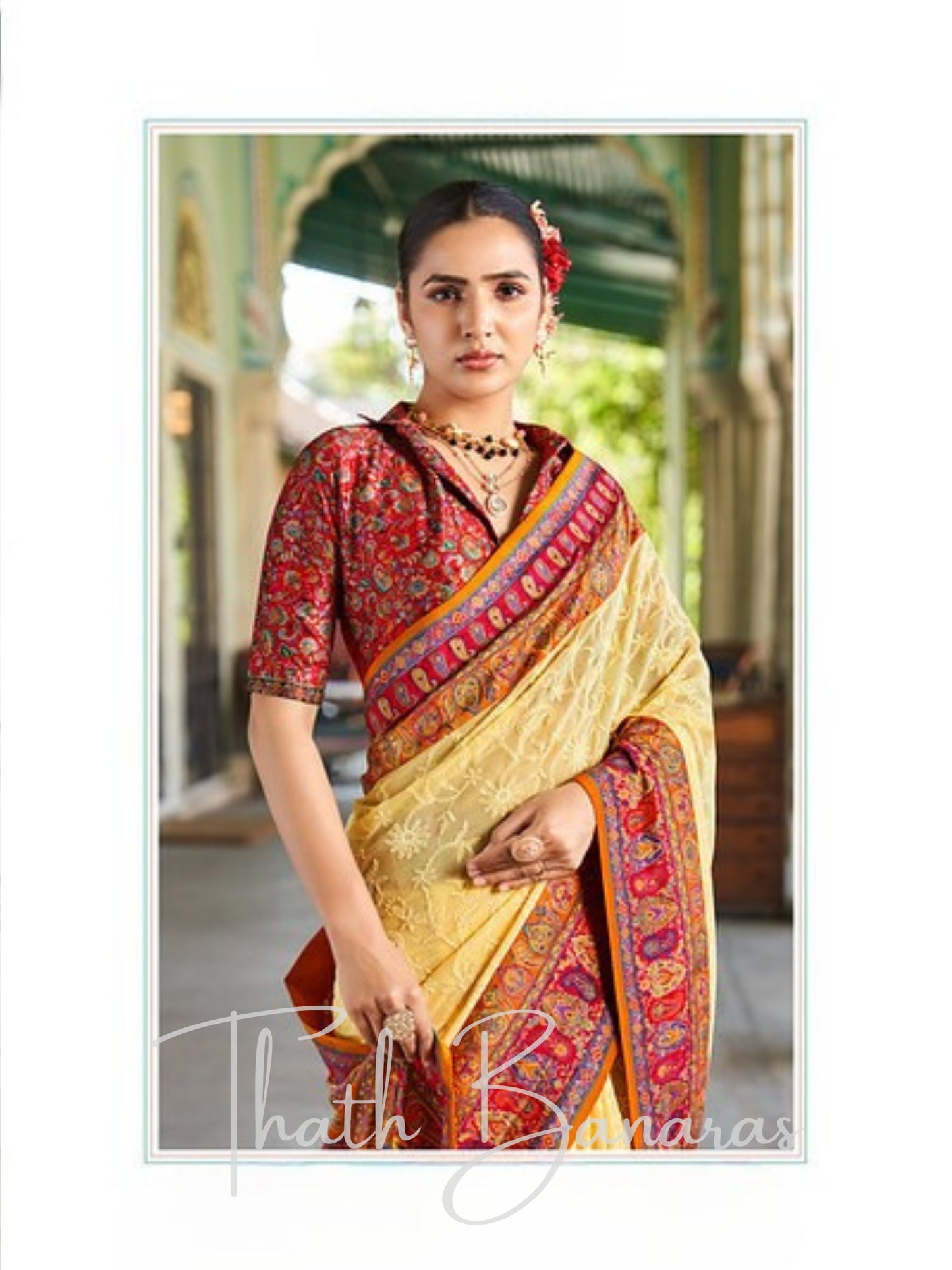 Yellow Lucknowi Banarasi Saree with patterned border