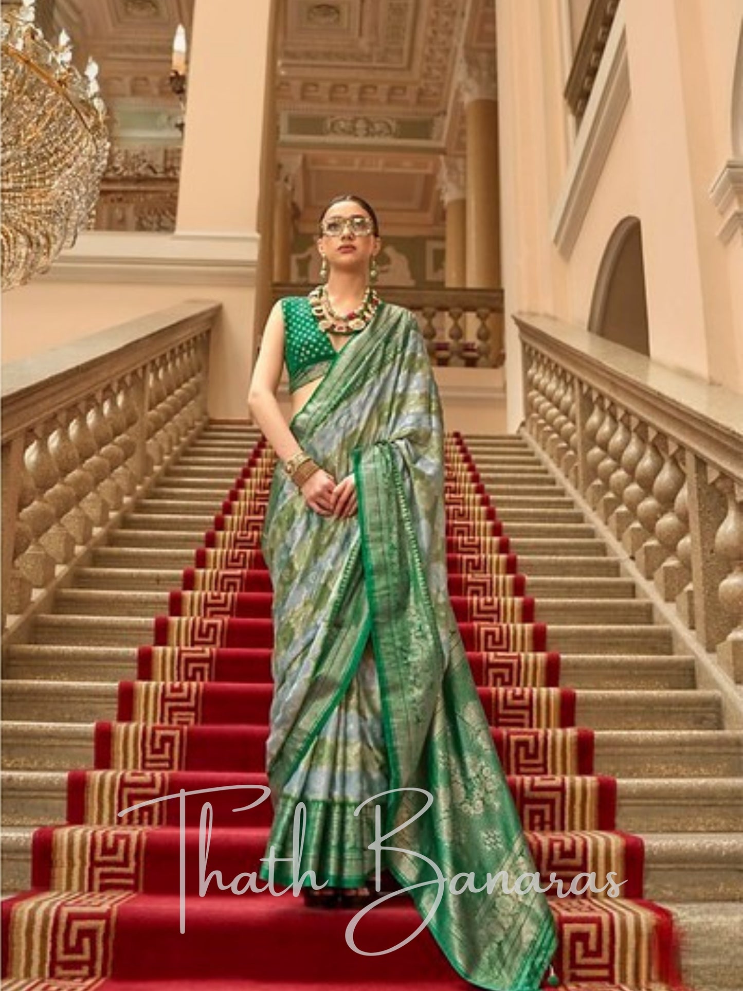 Luxurious Green & Grey Gaji Satin Silk Saree