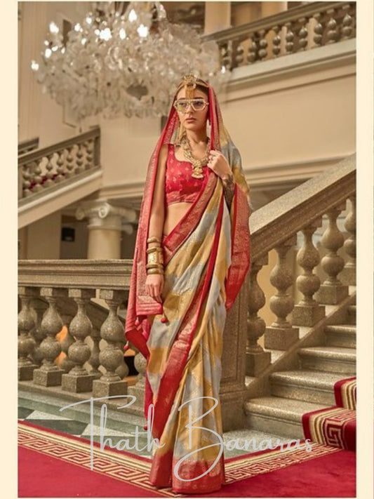 Elegant Gold and Grey Satin Silk Saree
