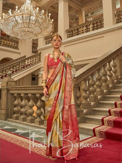 Elegant Gold and Grey Satin Silk Saree