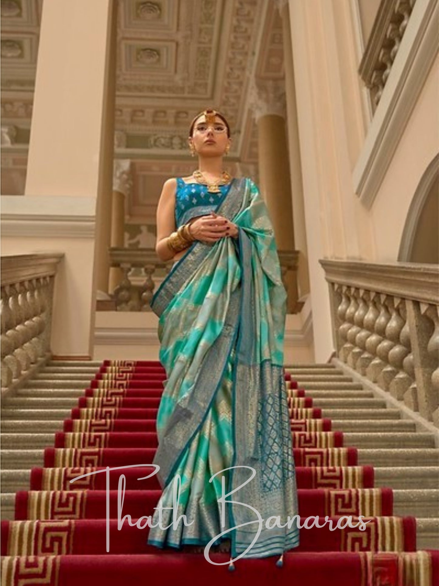 Exquisite Teal & Gold Blended Gaji Satin Silk Saree