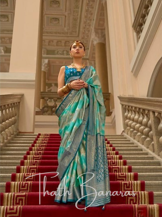 Exquisite Teal & Gold Blended Gaji Satin Silk Saree