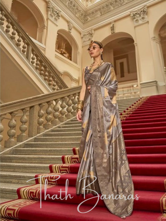 The Radiant Grey & Gold Gaji Satin Silk Saree