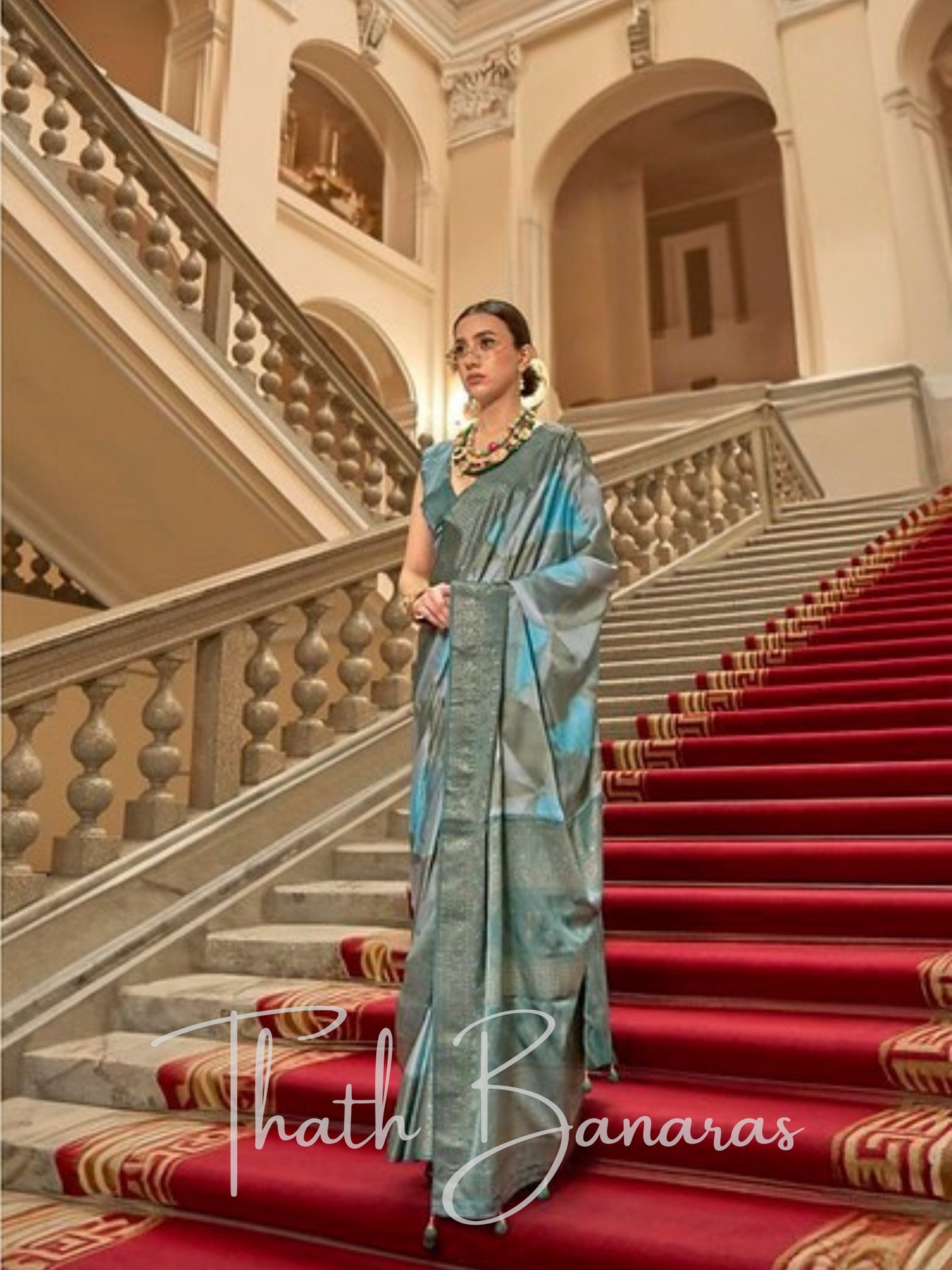  Luxurious Grey-Blue Gaji Satin Silk Saree Collection